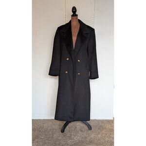 Vintage Leslie Fay Black Wool Coat Gold Buttons Double Breasted USA Size 16